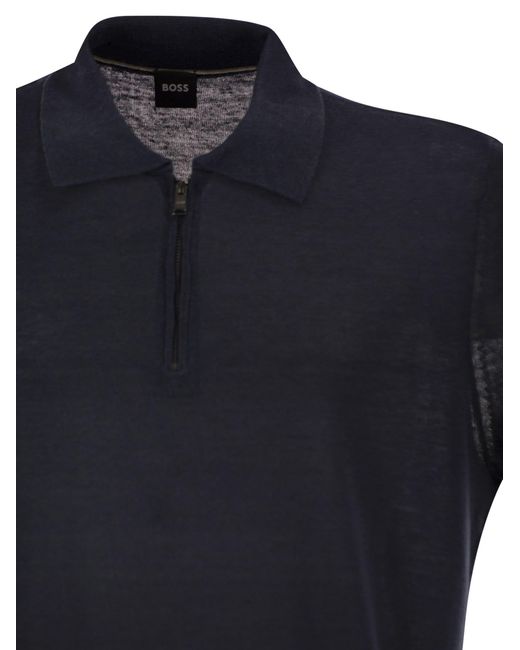 Boss Blue Linen And Viscose Polo Shirt With Zip And Contrast Trims