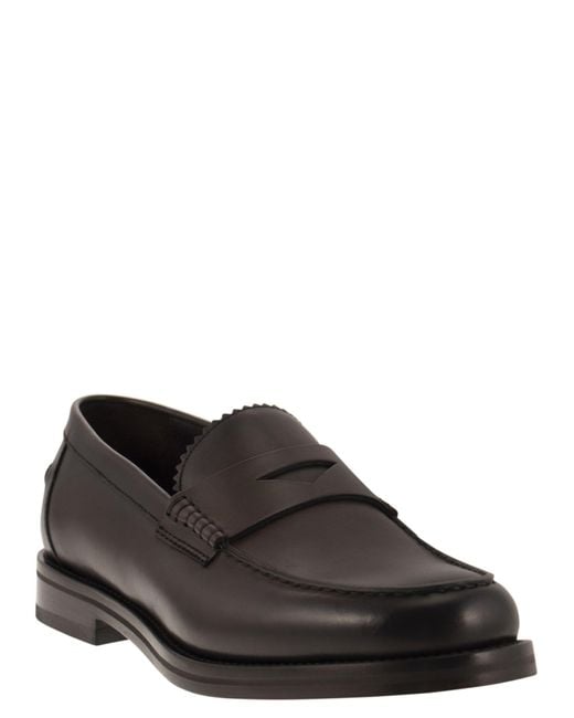 Doucal's Black Leather Penny Loafer for men