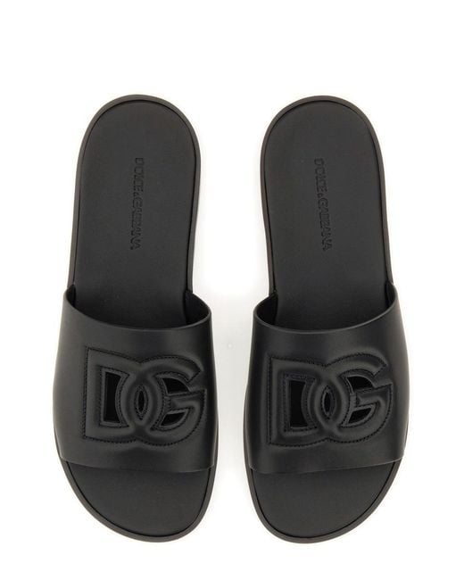 Dolce & Gabbana Black Dg Leather Flat Sandals for men