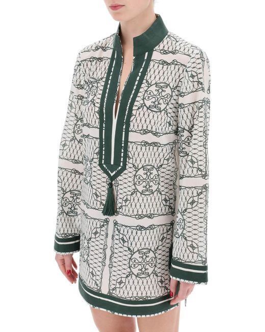 Robe tunique en coton imprimé Tory Burch en coloris Gray