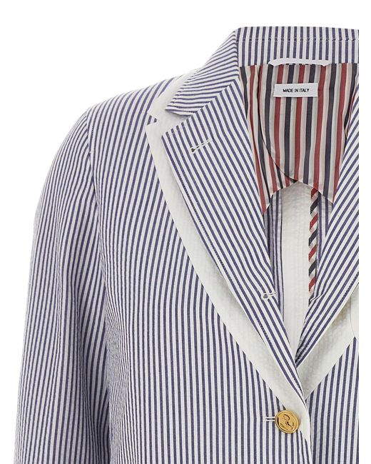 Thom Browne Blue Single-Breasted Striped Cotton Seersucker Blazer