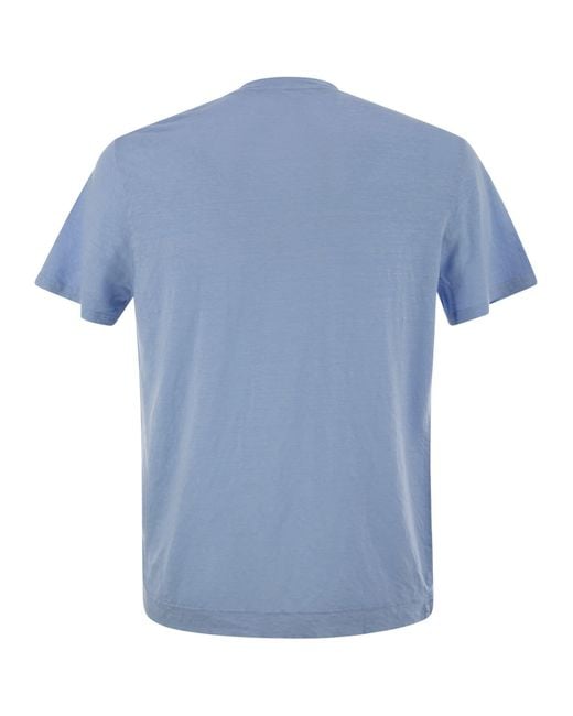 Fedeli Blue Stretch Linen Short-Sleeved T-Shirt for men