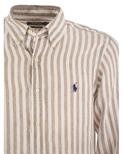 Polo Ralph Lauren White Custom Fit Striped Linen Shirt