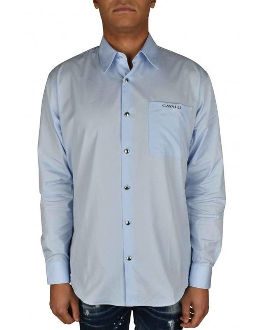 Roberto Cavalli Blue Light Cotton Shirt With Pointed Collar for men