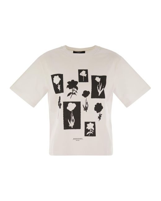 Weekend by Maxmara White Wochenende Max Mara Acline bedruckte Bio -Baumwoll -T -Shirt