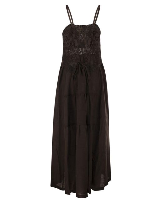 Maurizio Mykonos Black Long Linen Dress With Embroidered Bodice And Slim Straps
