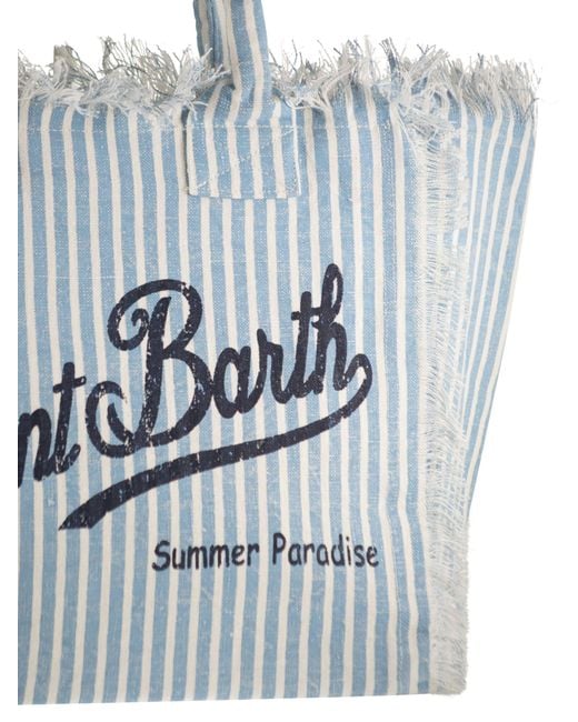 Mc2 Saint Barth Blue Striped Linen Beach Tote Bag With Printed Logo