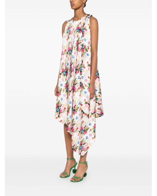 Loewe White Floral Silk Asymmetric Dress