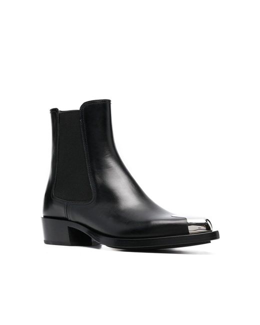 Alexander McQueen Black Pointed Leather Ankle Top Boots.