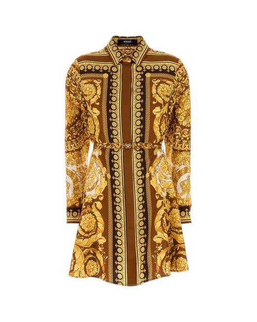 Versace Metallic Silk Belted Mini Shirt Dress