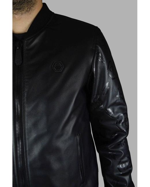 Philipp Plein Black Leather Bomber Jacket for men