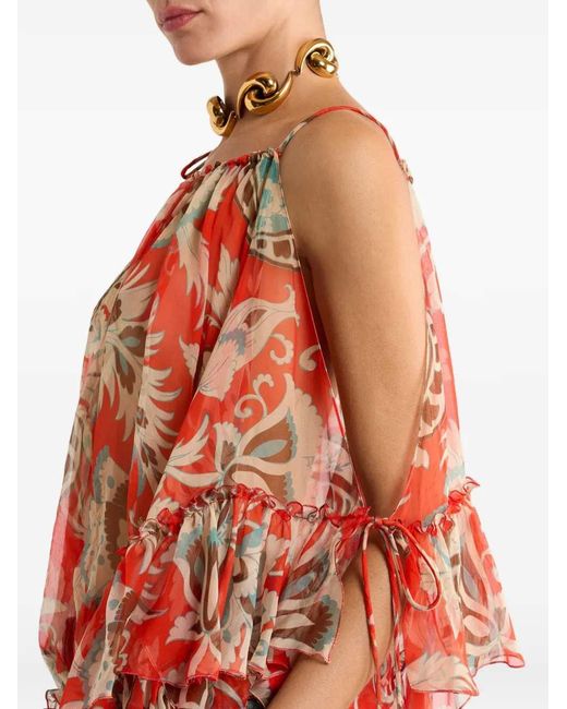 Etro Red Single-Sleeve Silk Top With Floral Motif