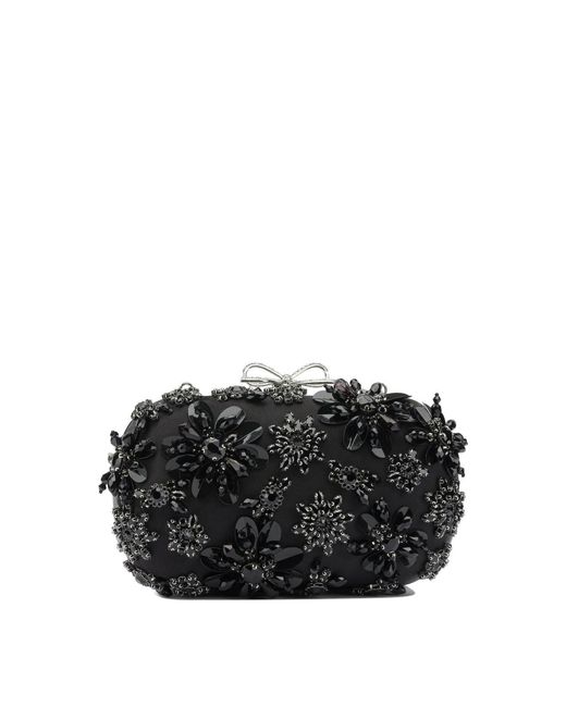 Self-Portrait Black Satin Clutch Bag With Crystals