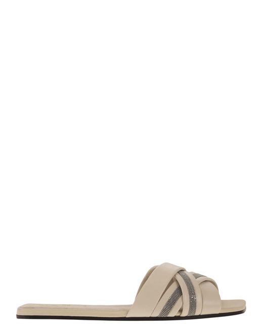 Brunello Cucinelli White Nappa Leather Slides With Jewellery