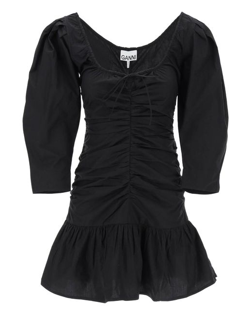 Ganni Mini Poplin -jurk Met Gebogen Mouwen in het Black