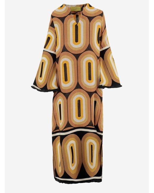 PHILIPPA 1970 Metallic Long Linen Dress With Geometric Print