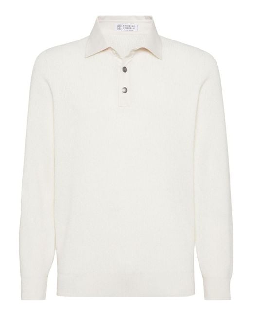 Brunello Cucinelli White Cashmere Polo Shirt for men