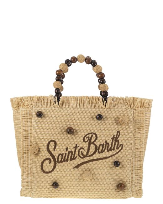 Mc2 Saint Barth Metallic Colette Stroheffekttasche mit Holzperlen und bestickten Logo