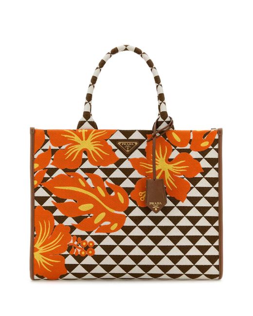 Prada Geborduurde Stof Grote Symbool Boodschappentas in het Orange
