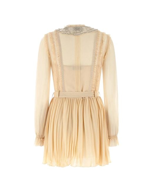 Self-Portrait Natural Tan Pleated Georgette Mini Dress