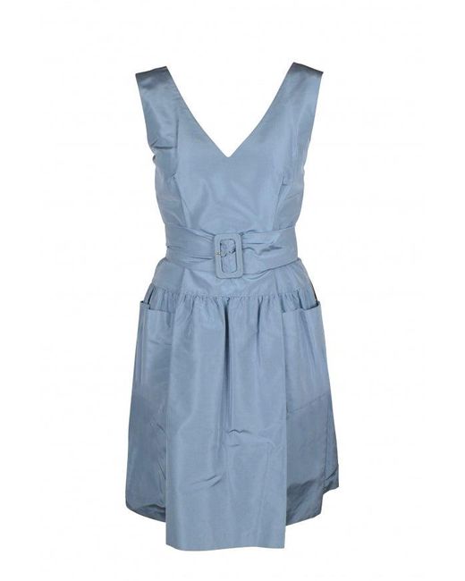 Prada Blue V-Neck Mini Dress With Adjustable Belt