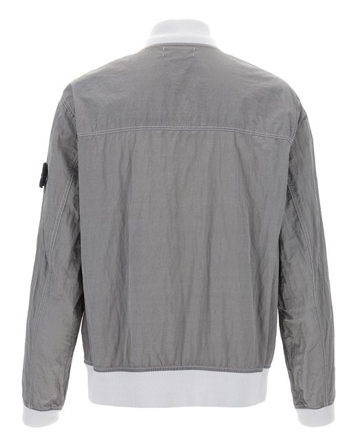Stone Island Gray Wrinkled Nylon Bomber Jacket With Side Logo for men