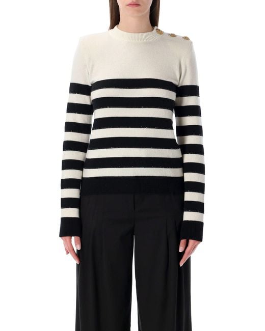 Balmain Blue Striped Wool Cashmere Buttoned Jumper