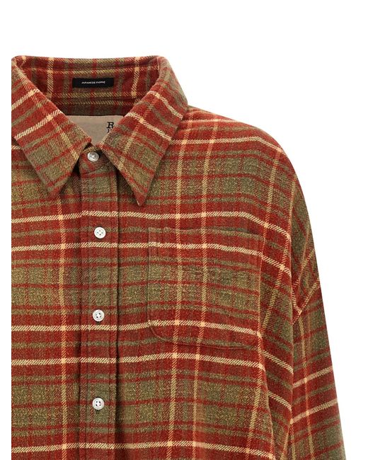 R13 Brown Cropped Check Print Cotton Shirt With Fringed Asym