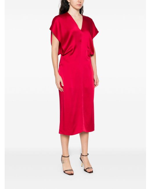 Stella McCartney Stella Mc Cartney Satin V Necked Midi -jurk in het Red