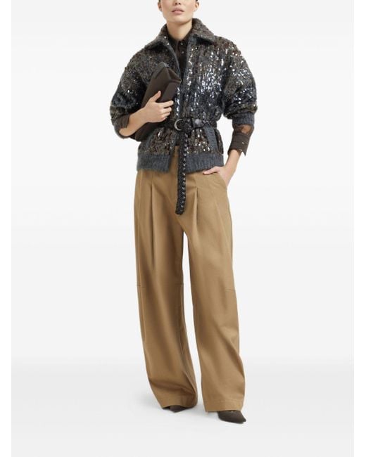 Brunello Cucinelli Brown Silk Sequin-Stripe Shirt