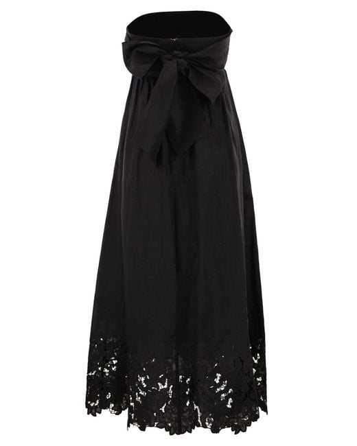 Max Mara Black Strapless Linen Dress With Embroidered Hem