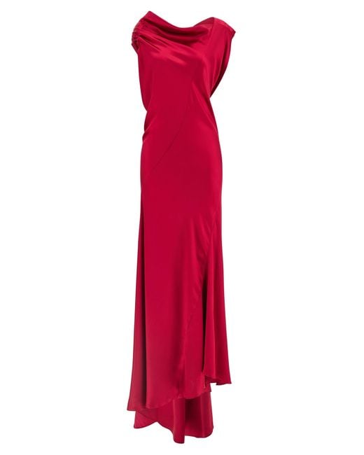Alberta Ferretti Red Silk-Effect Satin Evening Dress With Curled Neckline