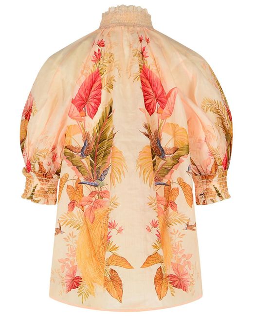 Zimmermann 'billow' Ramie Puff Sleeves Blouse In 'cream Palm Floral' in het Natural