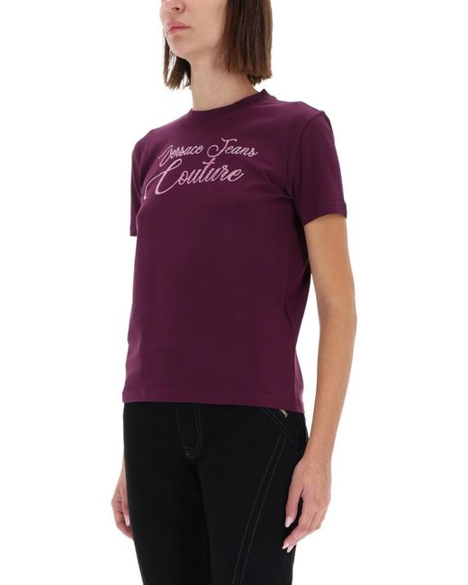 Versace Jeans Couture Purple T-Shirt With Logo And Rhinestones