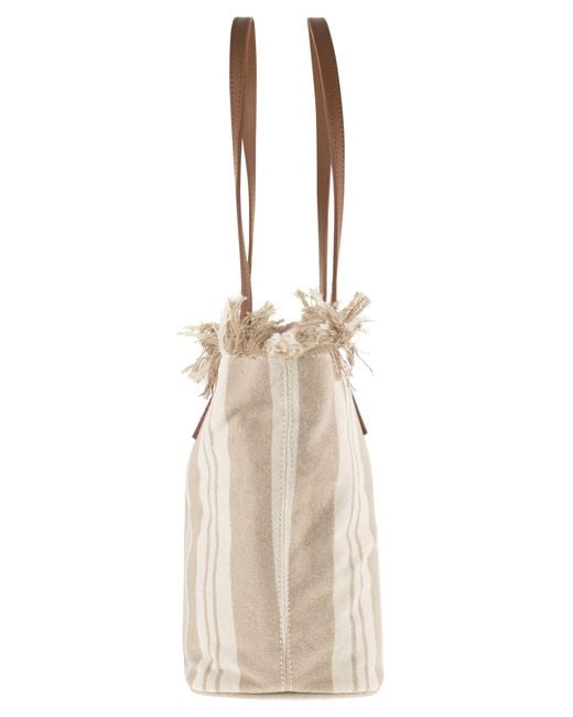 Mc2 Saint Barth Natural Striped Cotton Tote Bag With Leather Handles