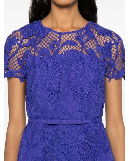 Self-Portrait Blue Midi Dress With Lace Detail And Cap Sleeves