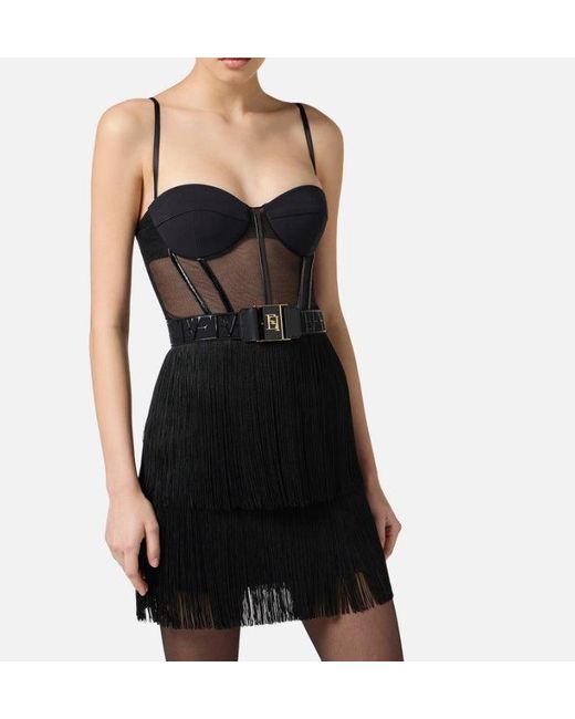 Elisabetta Franchi Black Mini -Kleid in Tüll und Fransen