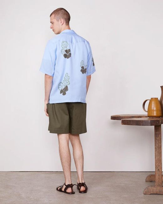 Officine Generale Blue Floral Print Camp Shirt With Quarter Sleeves for men