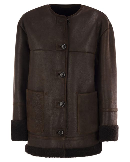 Weekend by Maxmara Black Borbone Sheepskin Crewneck Coat