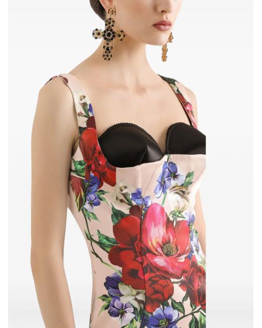 Vestido Longuette De Tubo De Raso Con Estampado A Flores Dolce & Gabbana de color Pink