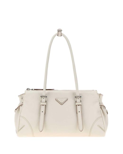 Prada Natural Chalk Leather Medium Bonnie Shoulder Bag
