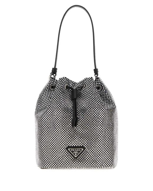 Prada Gray Embellished Satin Bucket Bag