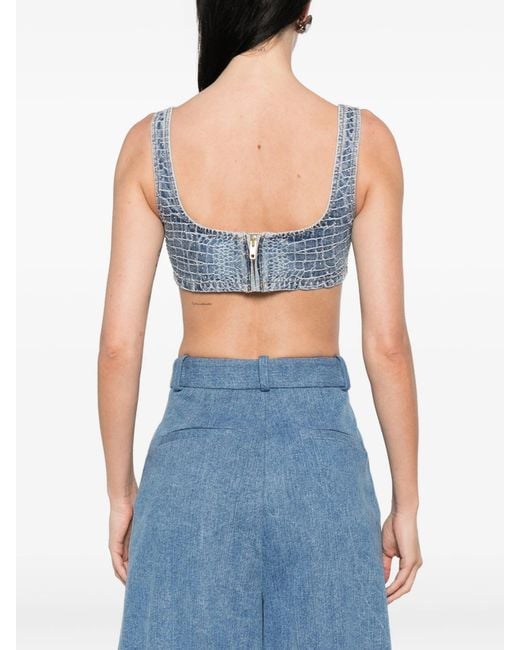 Self-Portrait Blue Rhinestone Croc Effect Denim Bralette