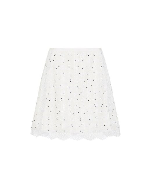 Giambattista Valli White Ivory Cotton Mini Skirt With Polka Dot Design And Lace Trim