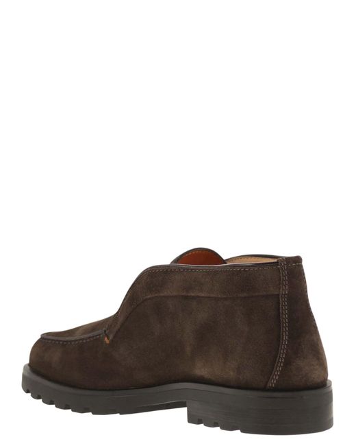 Santoni Brown Suede Ankle Boot Without Laces for men