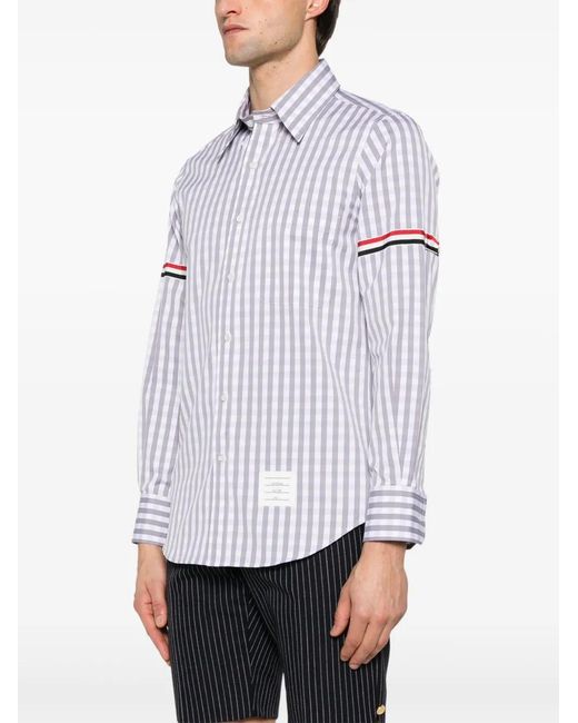 Thom Browne White Gingham Check Long-Sleeve Shirt With Signature Stripes for men