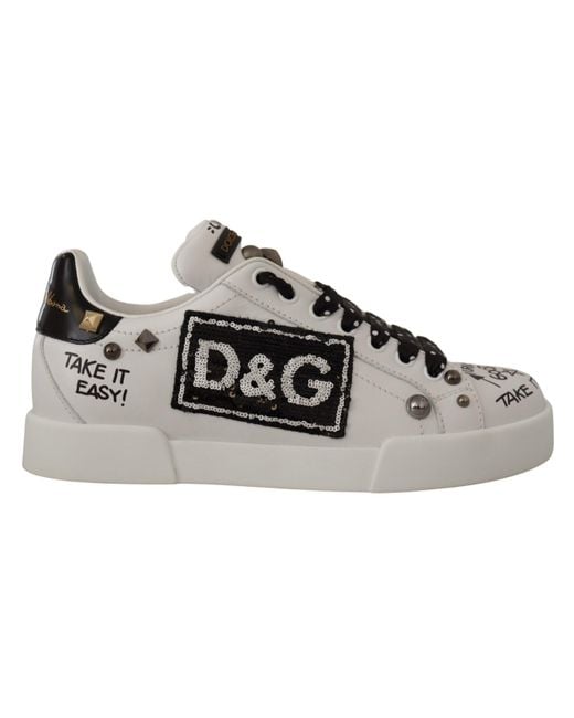 Dolce & Gabbana Witte Leren D&g-sneakers Met Pailletten in het Black voor heren