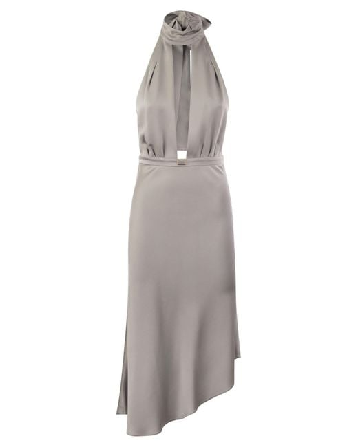 Elisabetta Franchi Gray Satin Midi Kleid mit asymmetrischem Rock