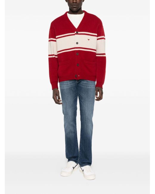 Emporio Armani Red Wool V-Necked Cardigan for men