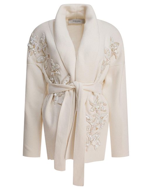 Golden Goose Deluxe Brand White Cardigan With Floral Embroidery